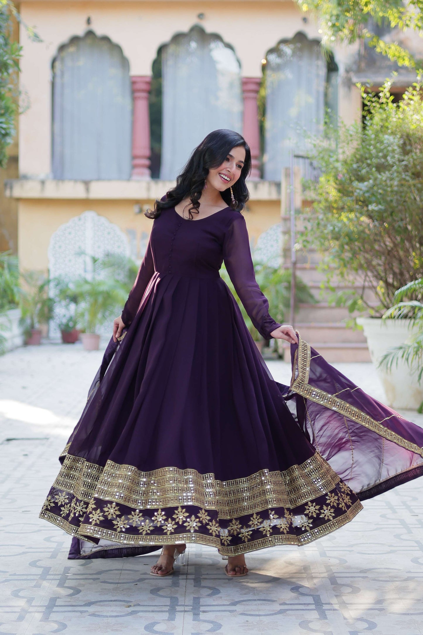 Wine Faux Blooming Gown with Multi-Sequins Embroidered Dupatta