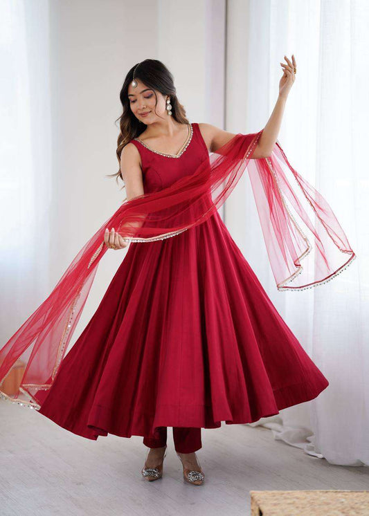Womens Pure Romansilk Chanderi Anarkali Kurti with Pant & Dupatta Set