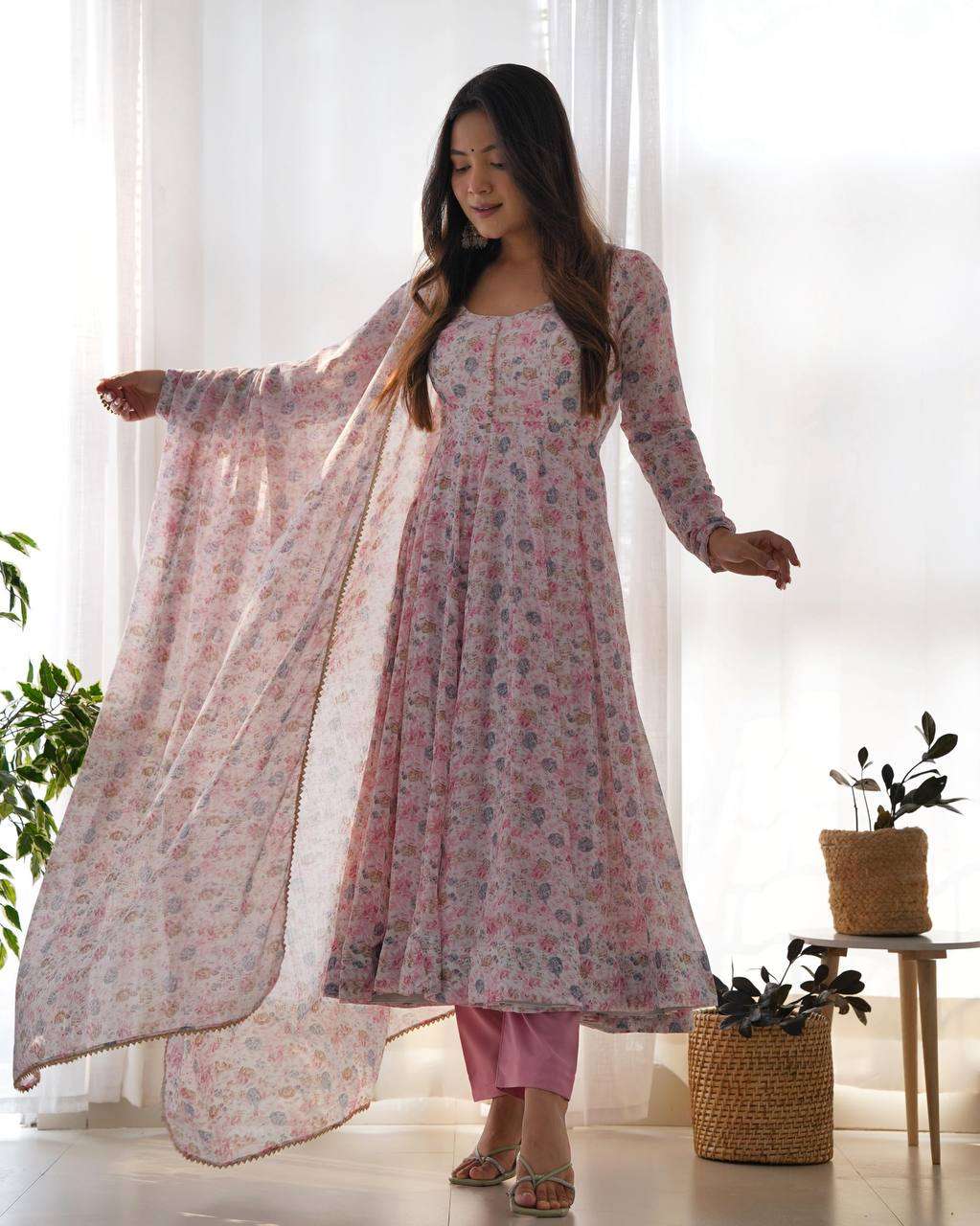 Womens Crunchy Silk Anarkali Kurti with Pant & Dupatta Set