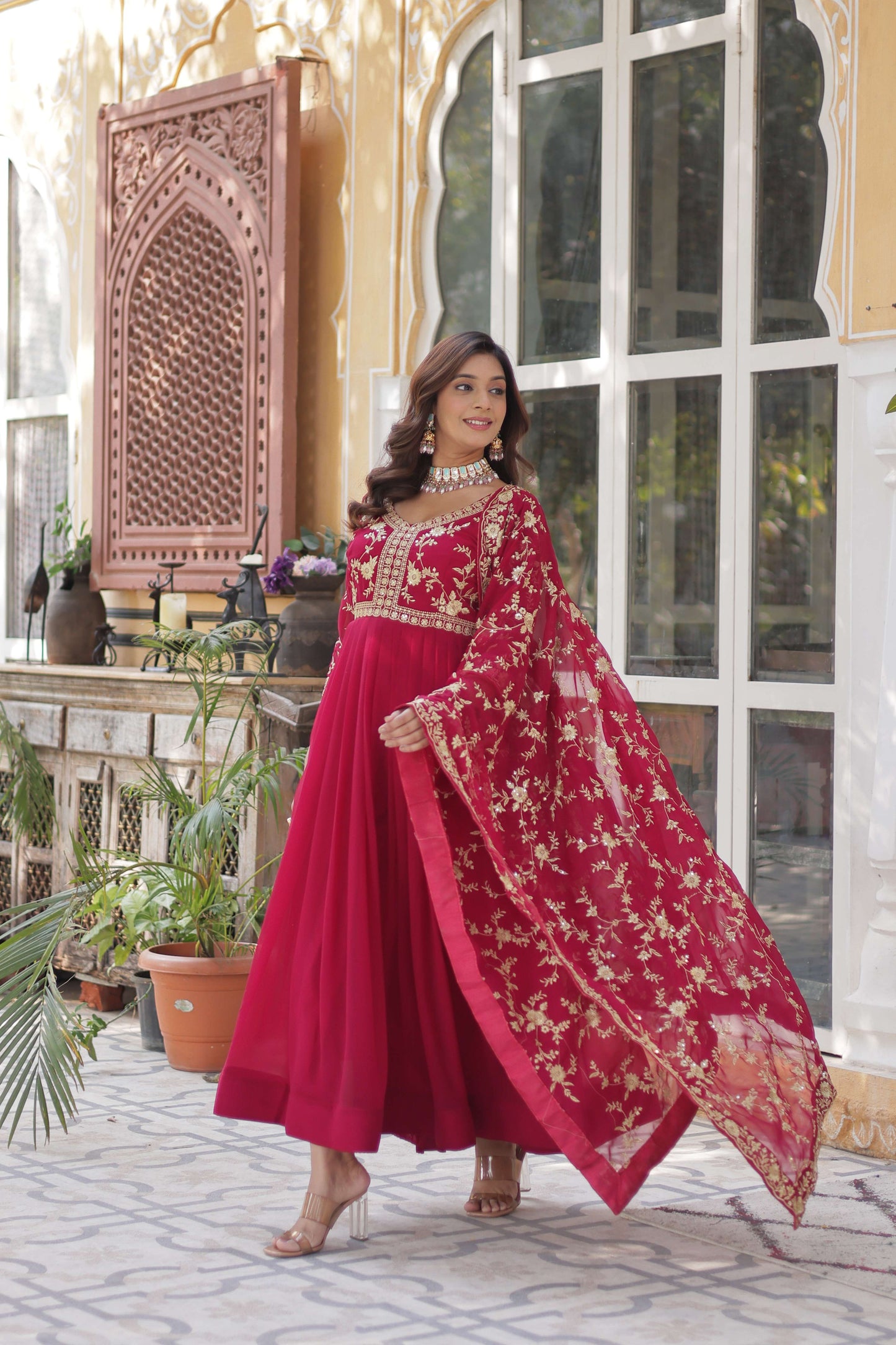 Pink Premium Faux Blooming Embroidered Gown with Dupatta