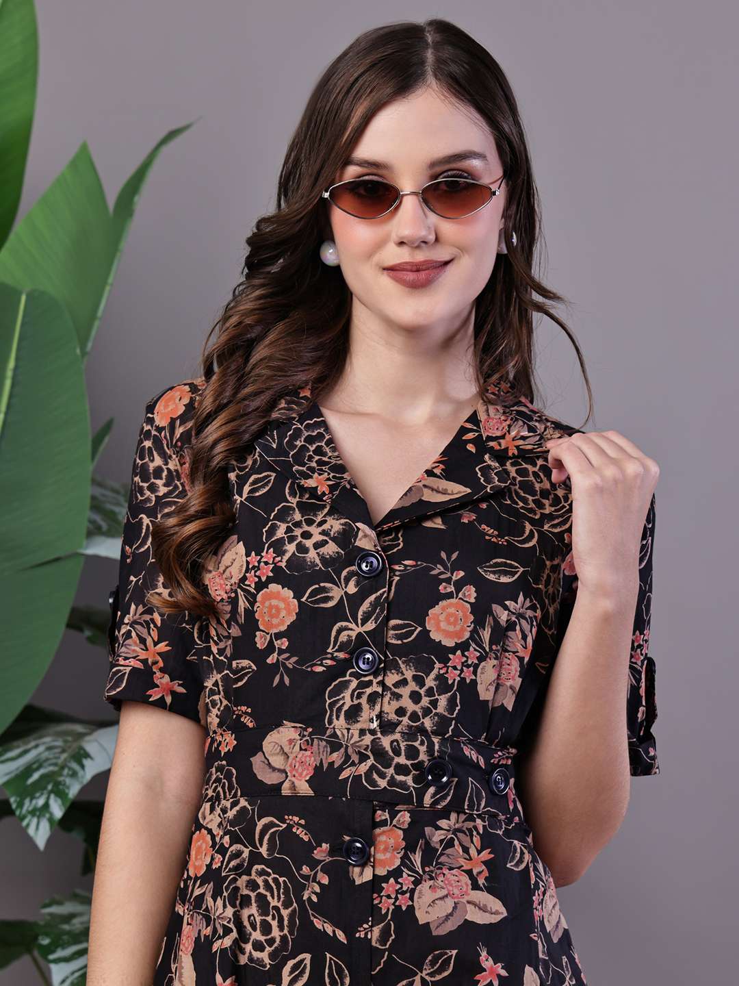 Women's Chic Black & Rust Floral Print Button-Front Midi Dress