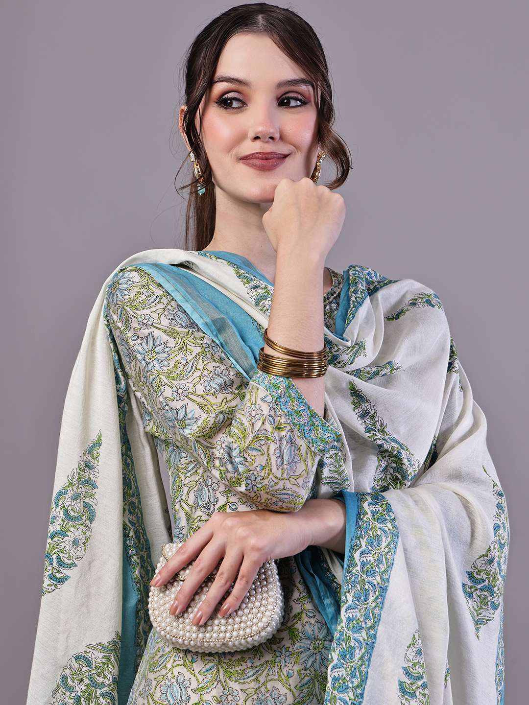Women's Green & Blue Floral Chanderi Printed Kurta Set with Dupatta Suit Sets