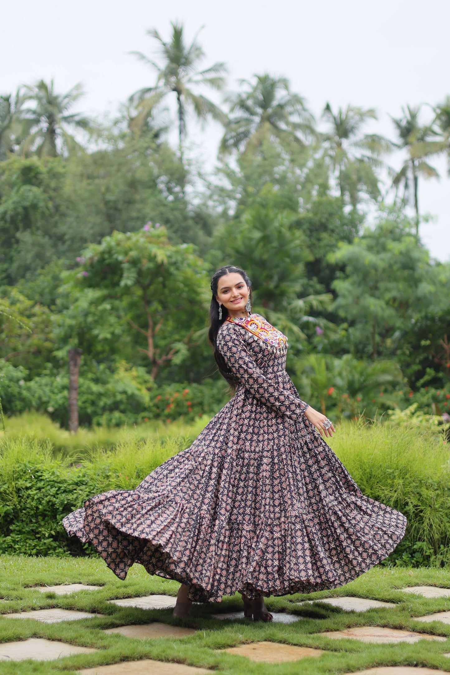 Black Designer Printed Cotton Gown with Kutchi Gamthi Lace & Kodi Work  Maroon