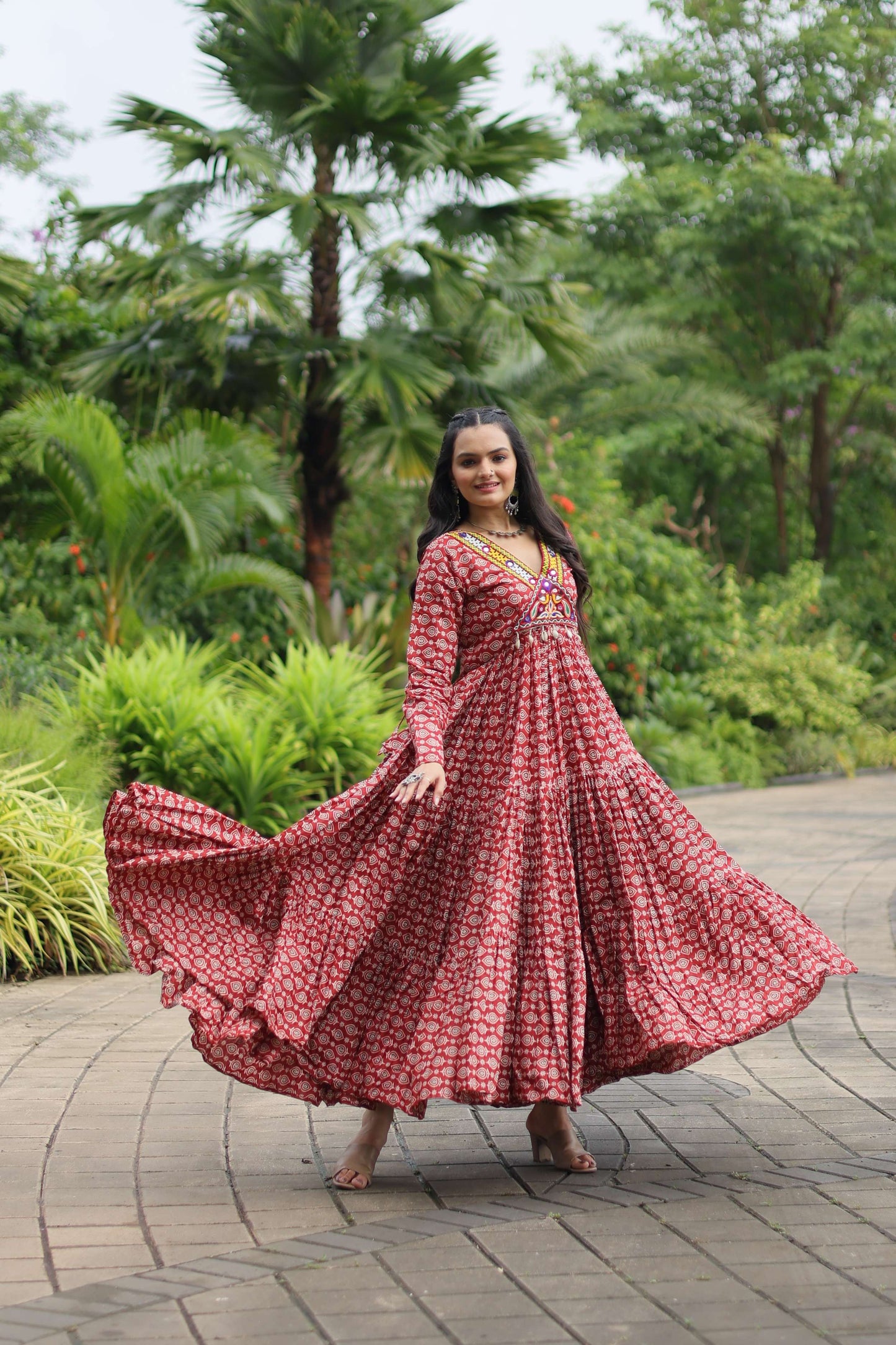 Maroon Designer Printed Cotton Gown with Kutchi Gamthi Lace & Kodi Work