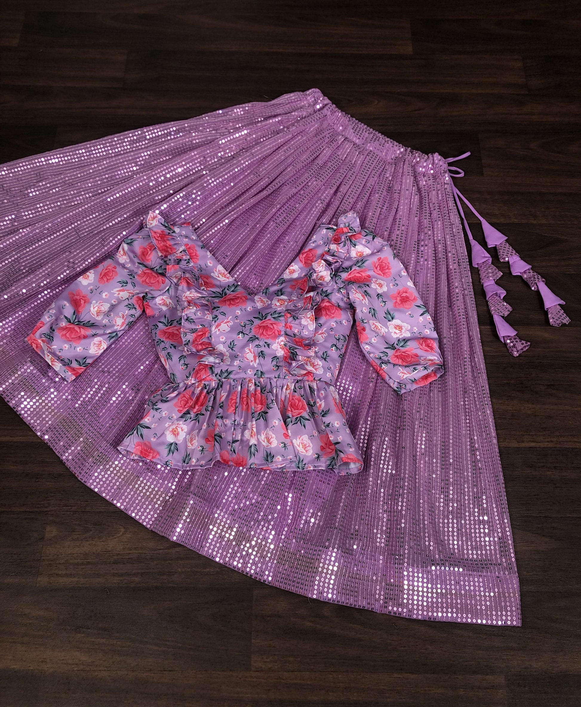 Premium Embroidered Sequins Lehenga Choli with Floral Blouse