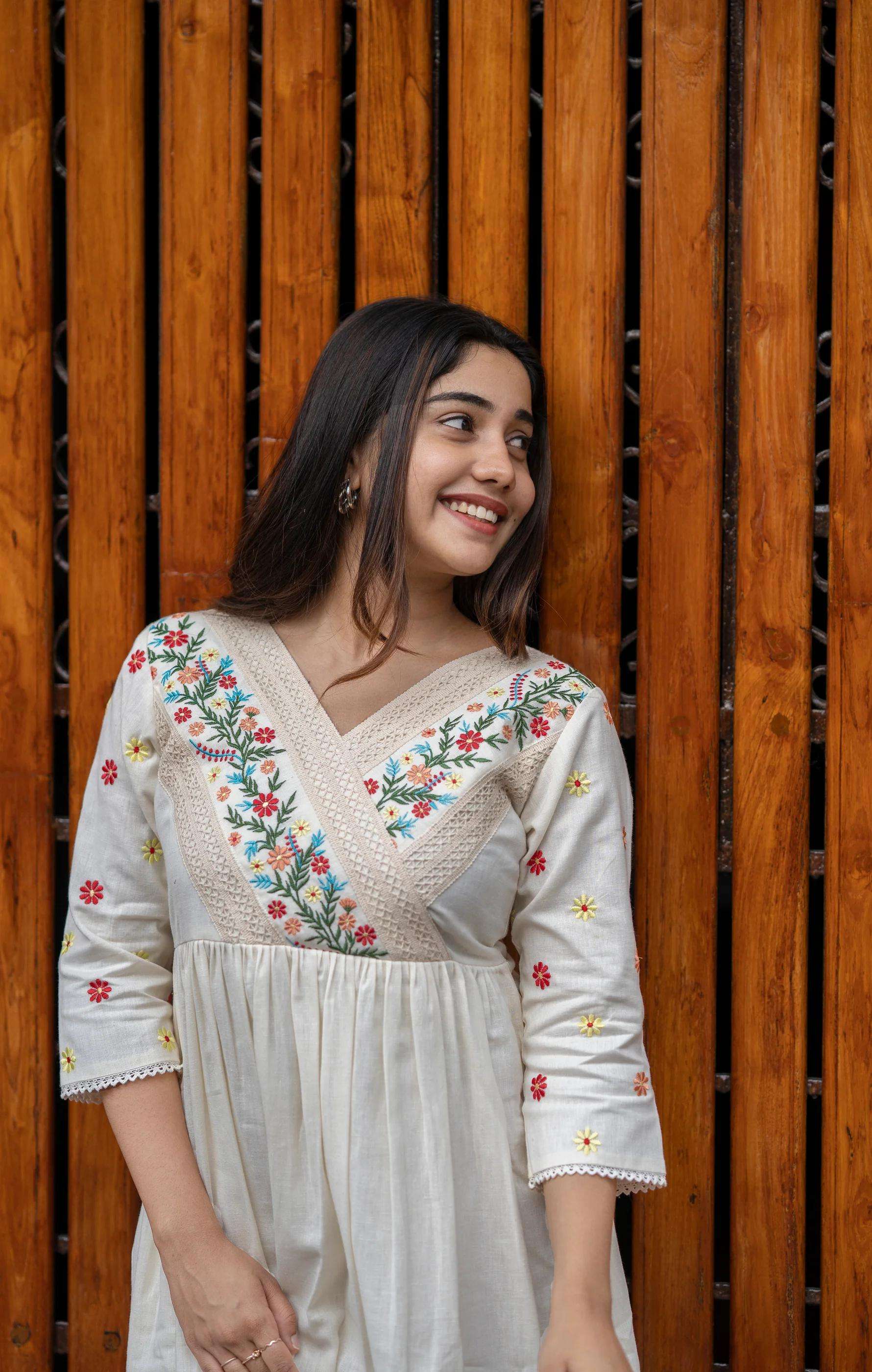 Women's Cotton Embroidered Short Anarkali Gown (Off White)