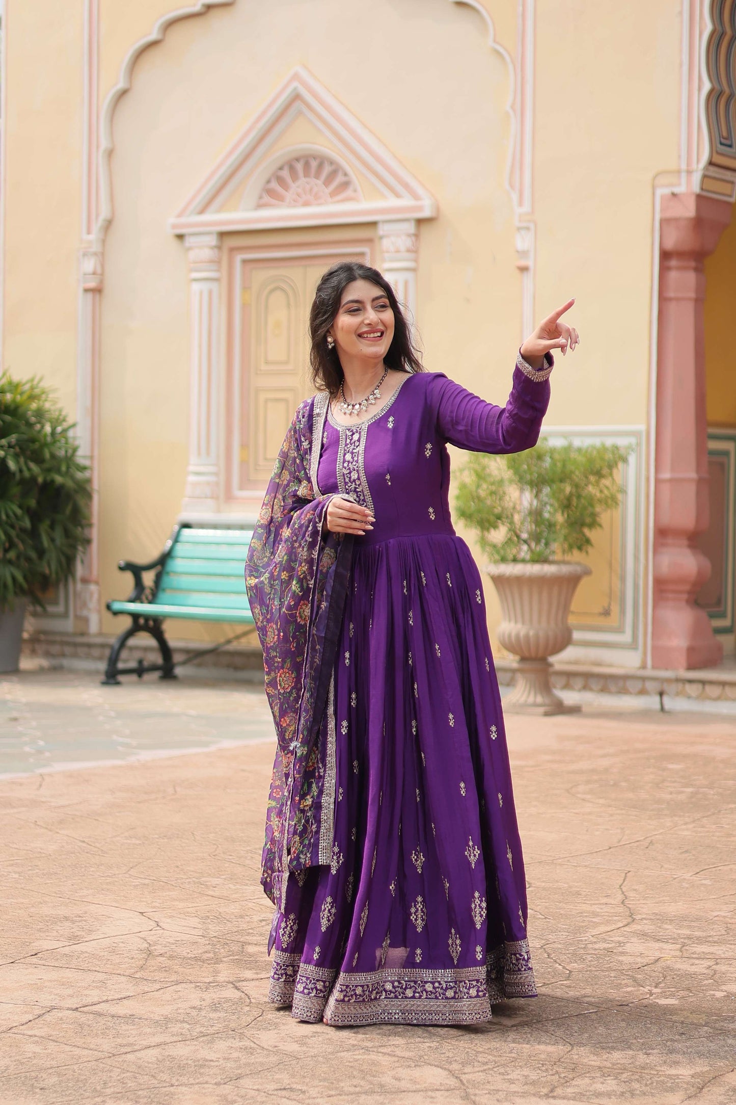 Purple Designer Chinon Sequins Embroidered Gown with Kalamkari Silk Dupatta