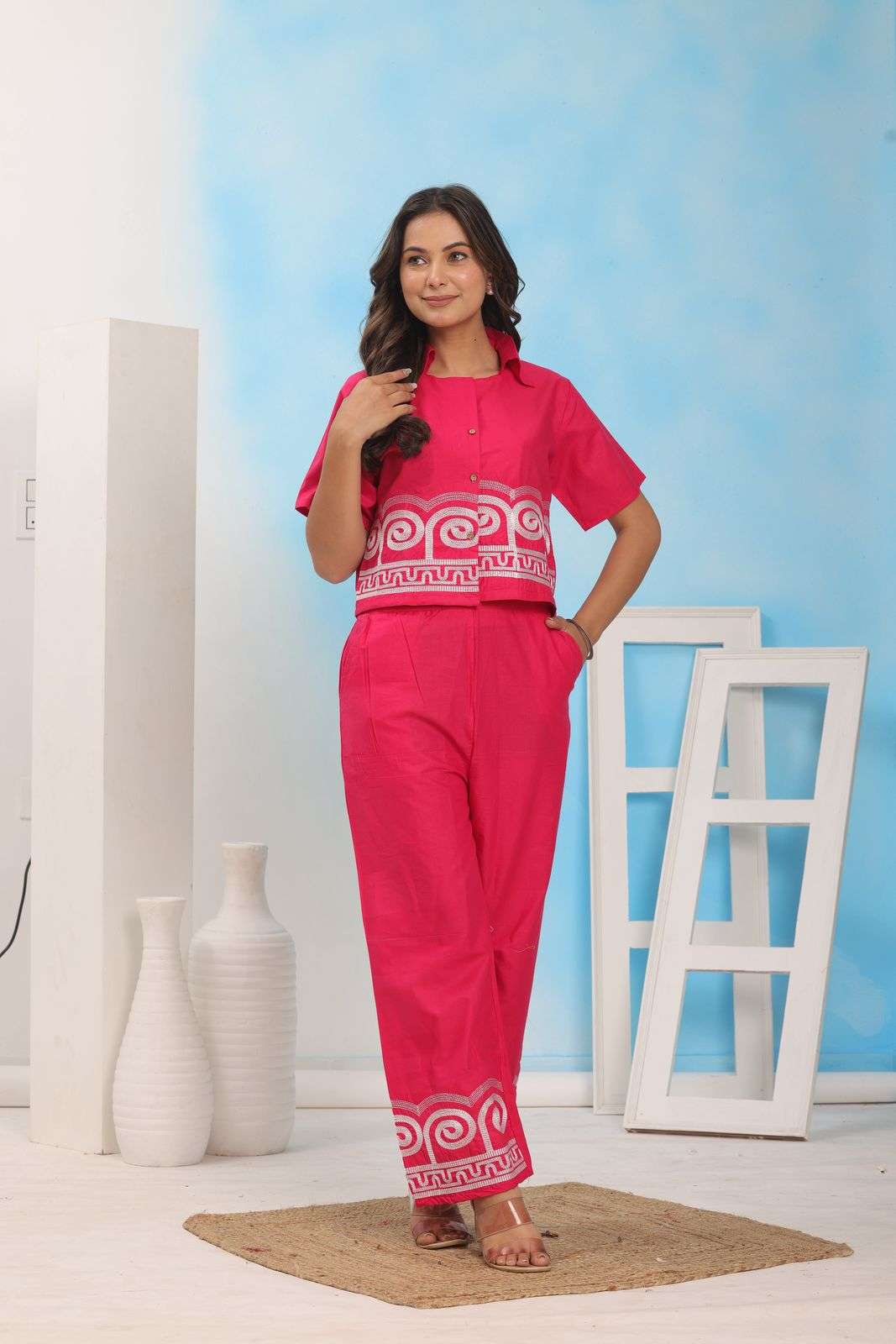 Women's Cotton Embroidered Crop top Co-Ord Set Coordinate Set Summer Wear Printed Crop Top with Pant Set