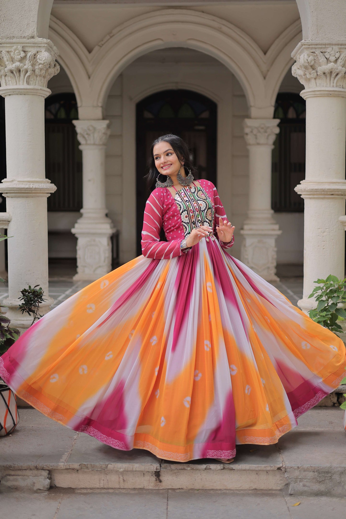 Orange Faux Georgette Bandhej Navratri Gown with Gamthi Embroidery & Mirror Work – Elegant Ethnic Wear for Women