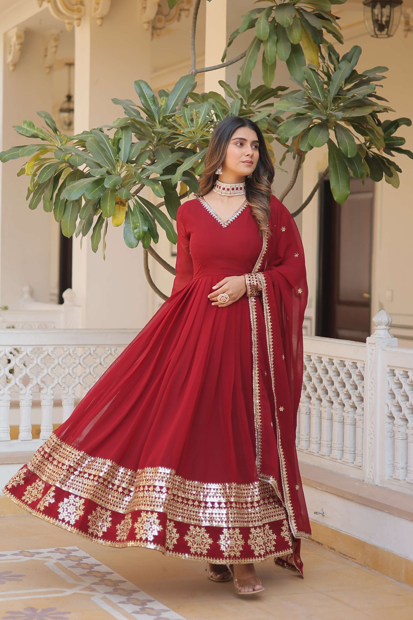 Maroon Faux Blooming Gown with Sequined Dupatta  Elegant Fully Flared Party & Wedding Set