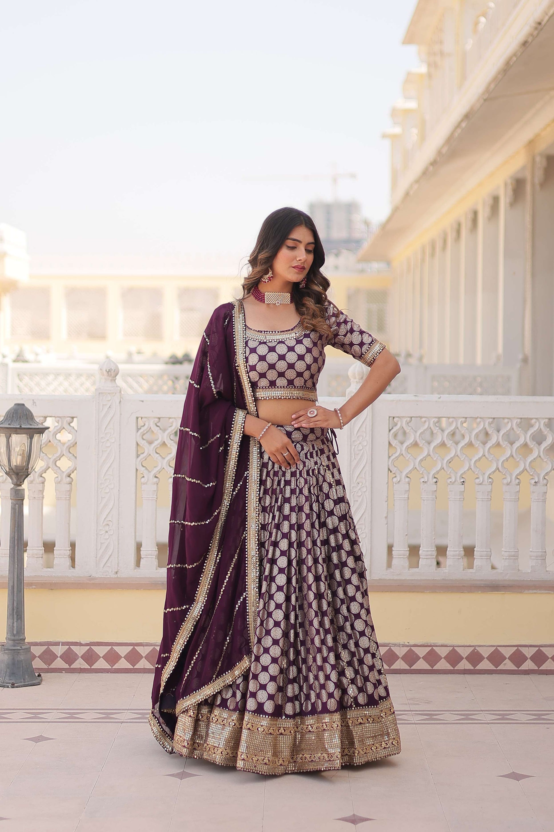 Designer Dyable Viscose Jacquard Lehenga Choli with Sequins Dupatta