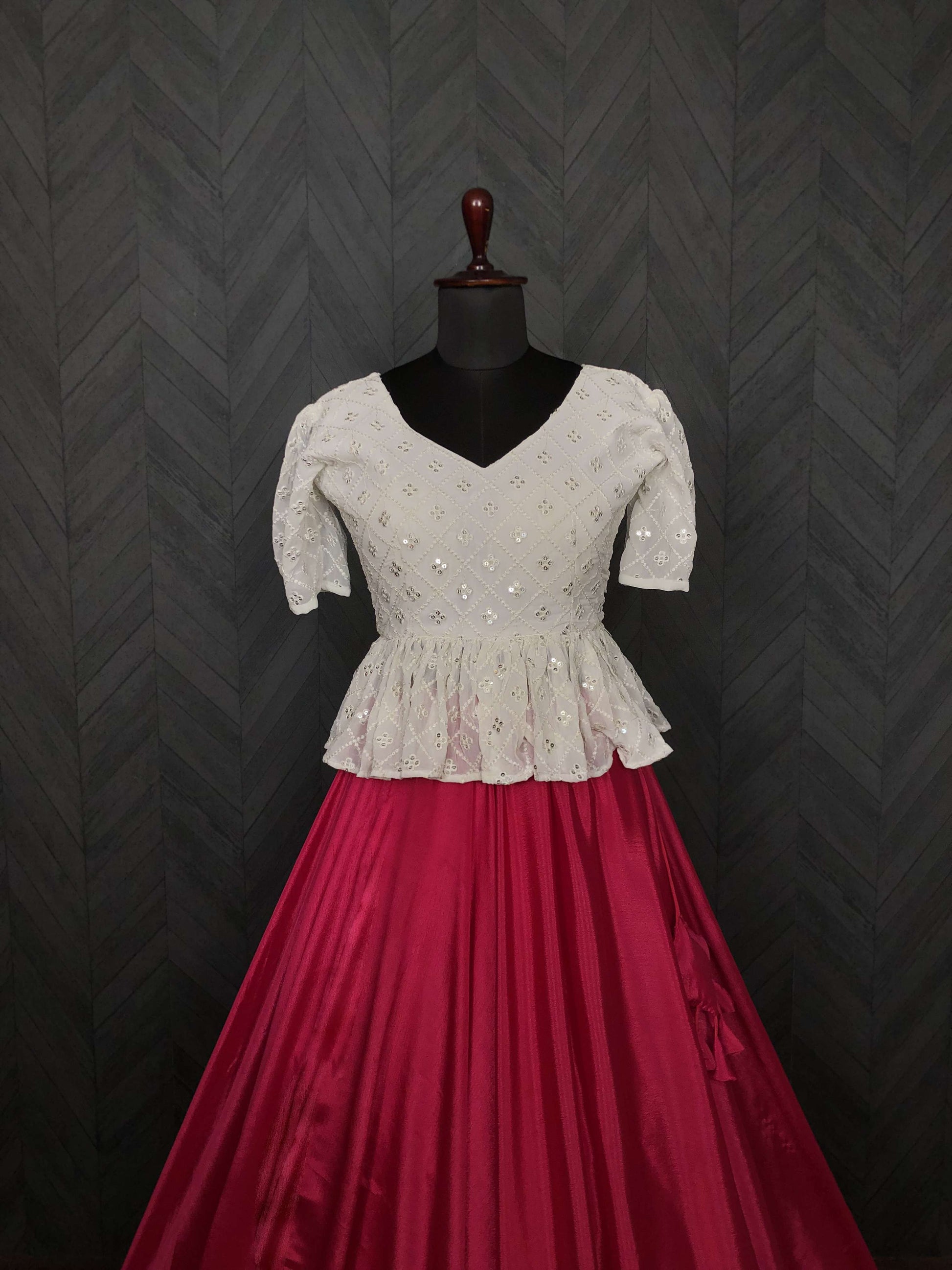Premium Chinnon Umbrella Flair Lehenga with Chikankari Embroidered Peplum Blouse