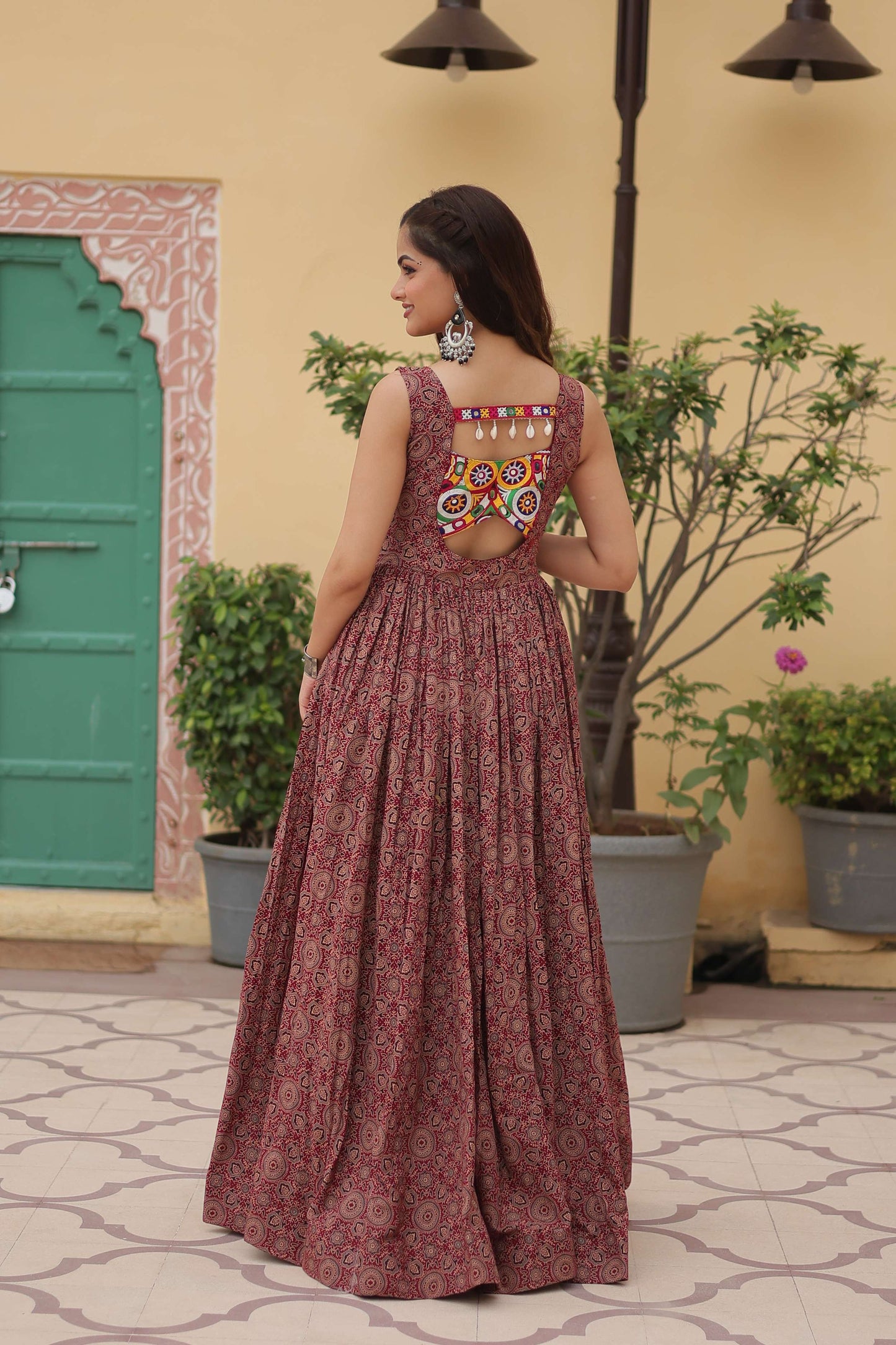 Maroon Faux Georgette Designer Gown  Fully Flared Elegant Party & Wedding Set