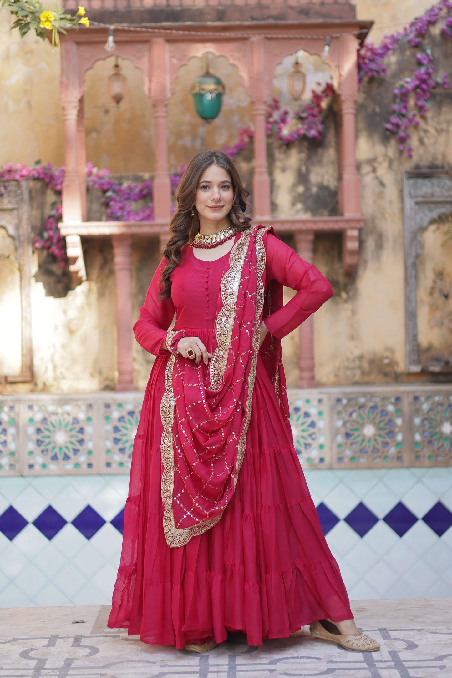 Pink Star Georgette Fully Flared Gown with Sequins Embroidered Dupatta