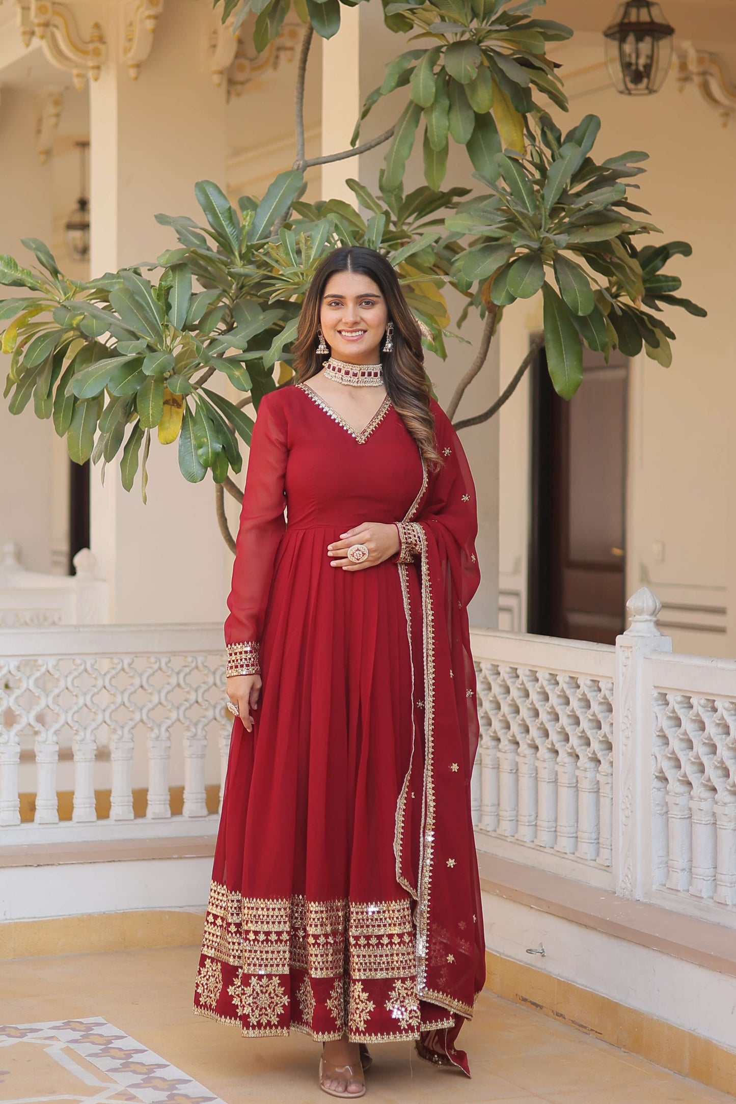 Maroon Faux Blooming Gown with Sequined Dupatta  Elegant Fully Flared Party & Wedding Set