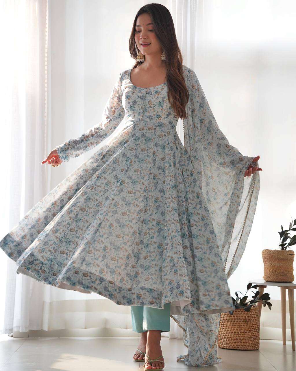 Womens Crunchy Silk Anarkali Kurti with Pant & Dupatta Set