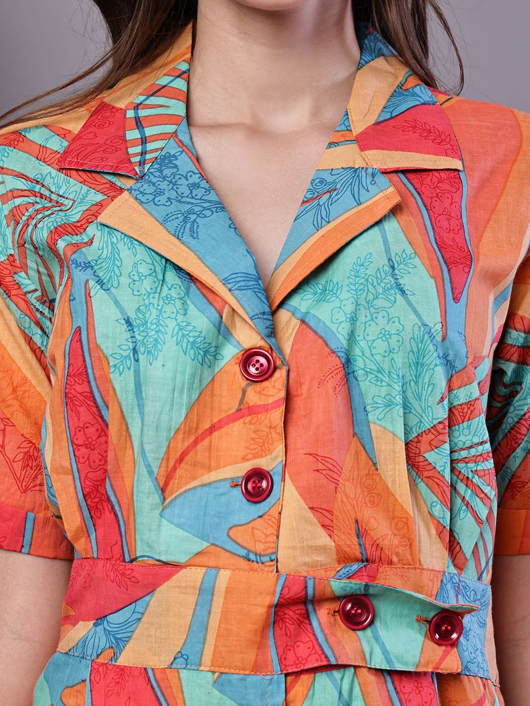 Women's Tropical Print Button-Down Cotton Midi Dress