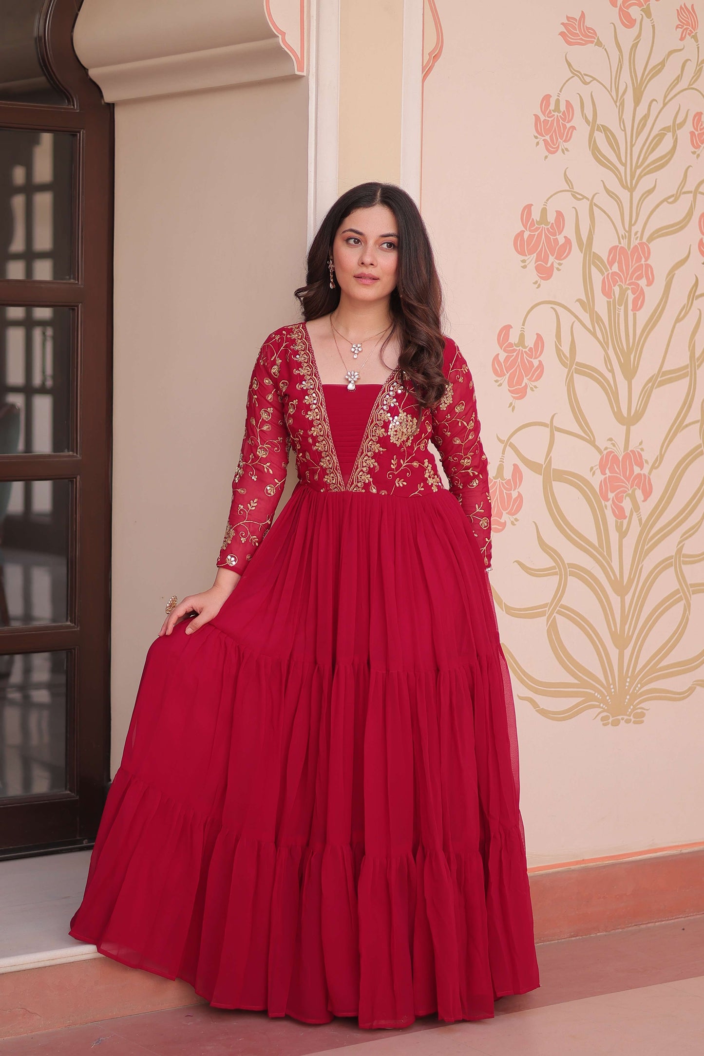 Pink Premium Faux Blooming Sequins & Zari Embroidered Gown – Partywear