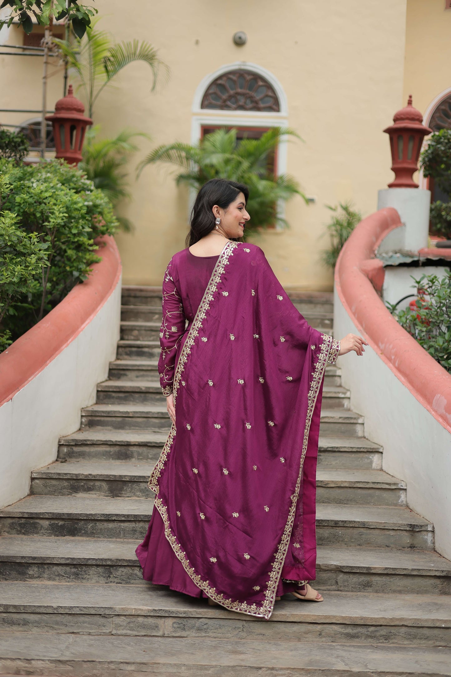 Wine Premium Chinon Sequins Embroidered Kurti with Sharara & Dupatta Set