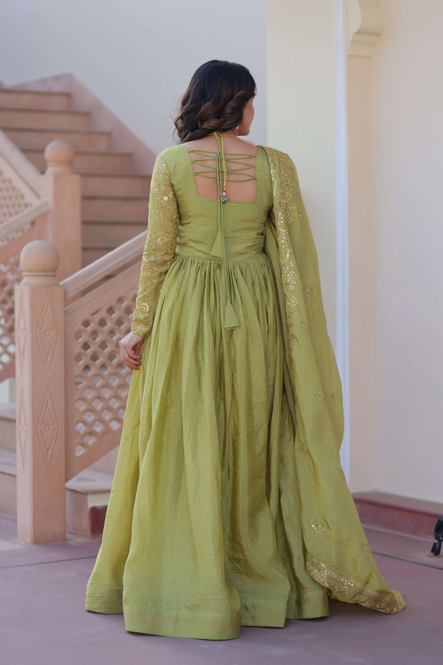 Pista Premium Gold Crush Sequins & Multi-Embroidered Gown with Dupatta – Partywear