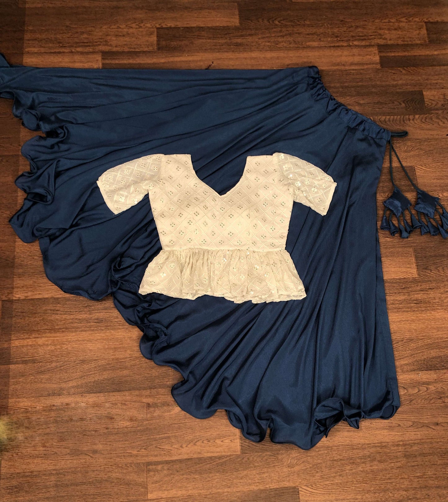 Premium Chinnon Umbrella Flair Lehenga with Chikankari Embroidered Peplum Blouse