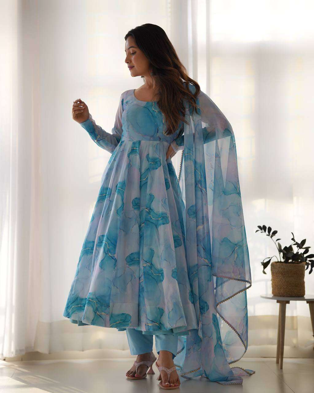 Womens Crunchy Silk Anarkali Kurti with Pant & Dupatta Set