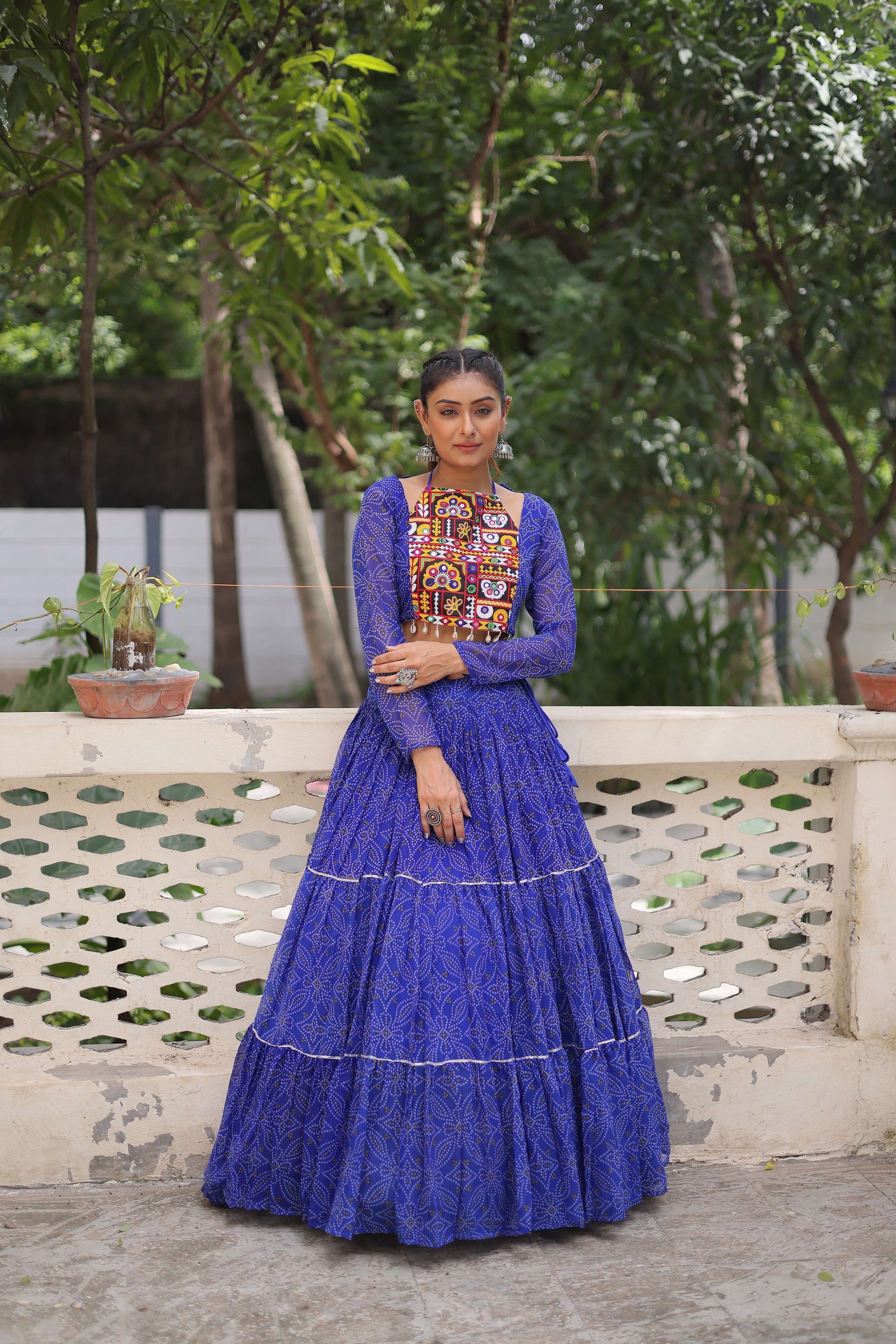 Faux Georgette Bandhej Frilled Navratri Lehenga Choli Set
