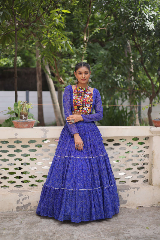 Faux Georgette Bandhej Frilled Navratri Lehenga Choli Set