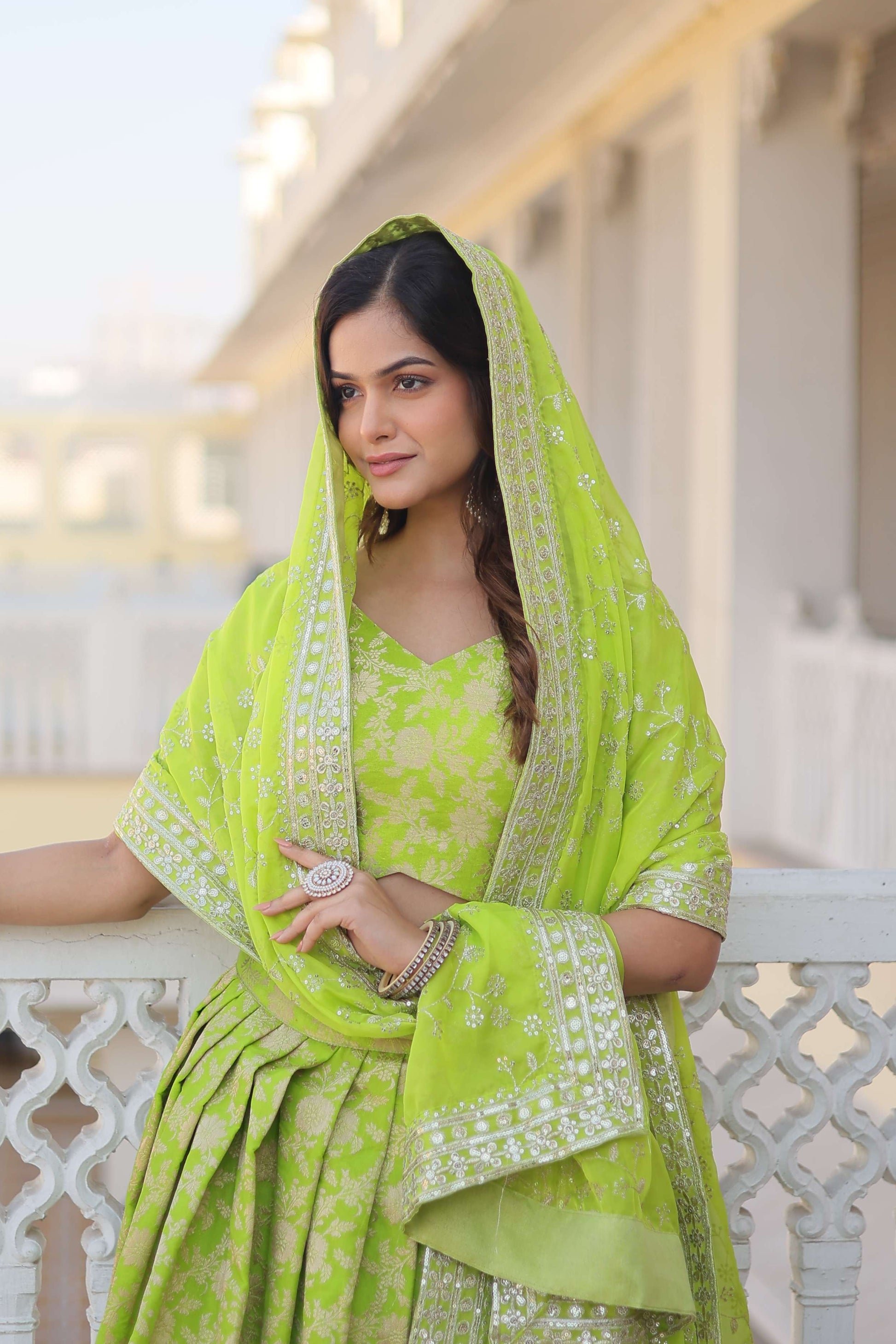 Designer Dyable Viscose Jacquard Lehenga Choli with Sequins Dupatta