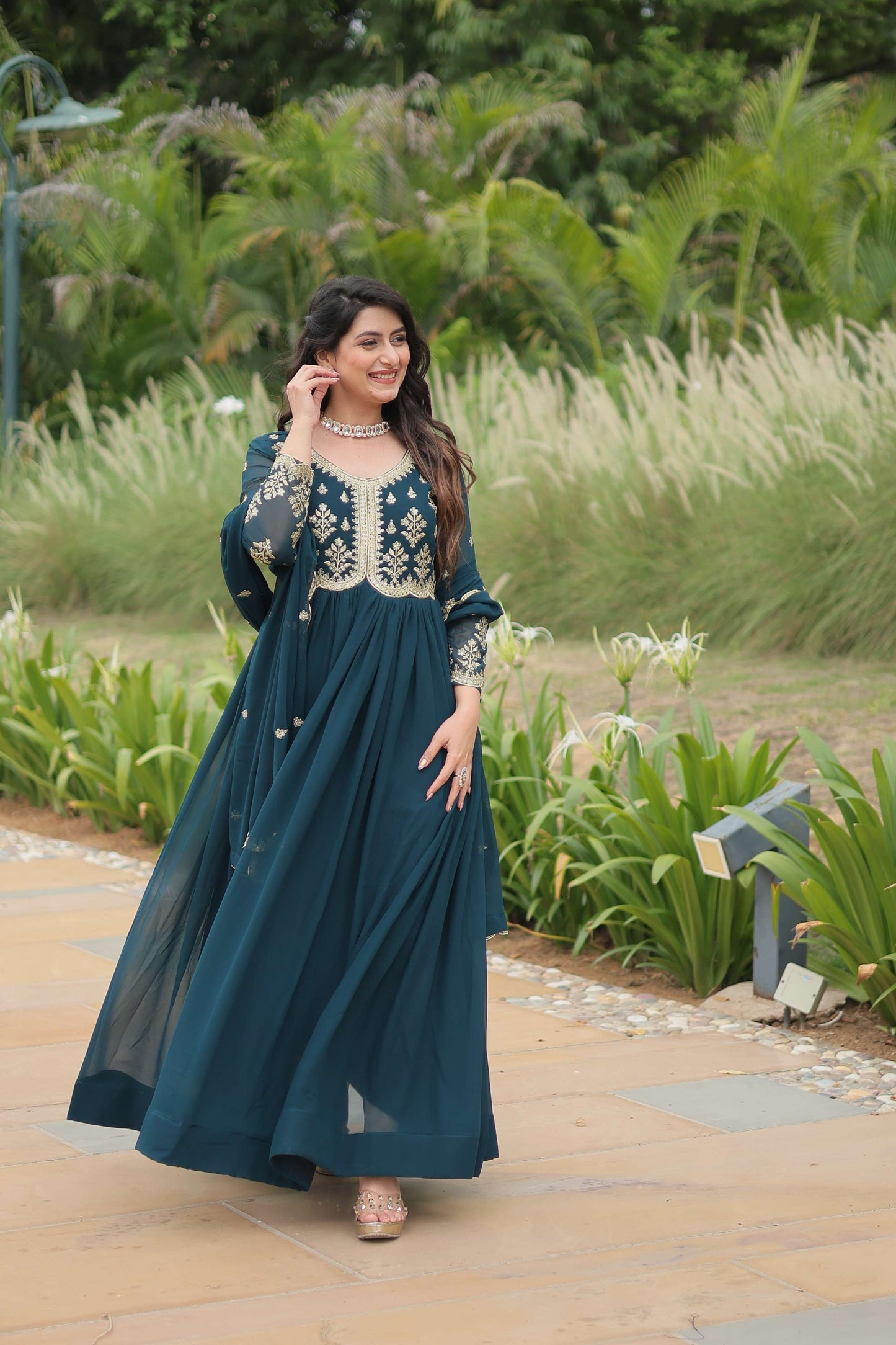 Teal-Blue Elegant Kutchi Gamthi Work Reyon Gown with Heavy Flair