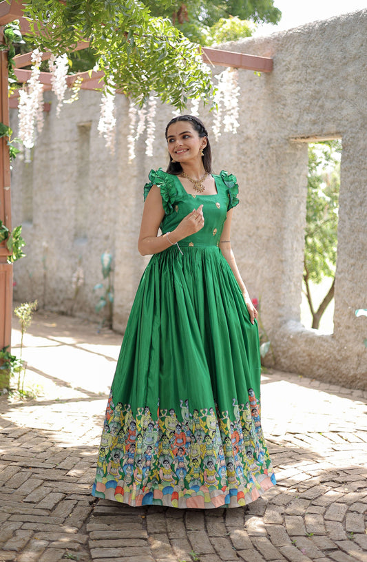 Green Designer Dola Silk Printed Gown  Sleeveless Fancy Square Neck Ready-to-Wear Dress