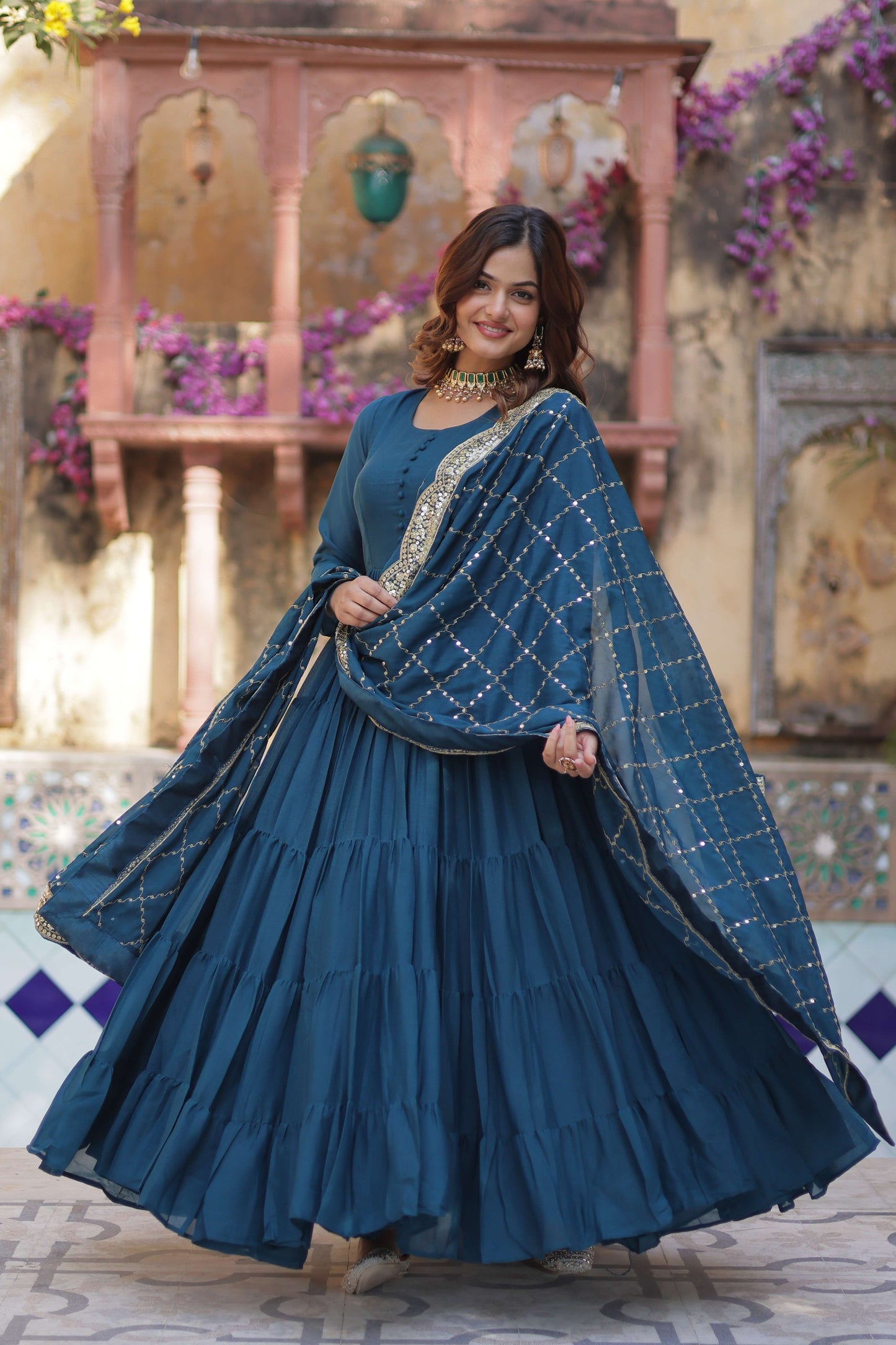 Rama Star Georgette Fully Flared Gown with Sequins Embroidered Dupatta