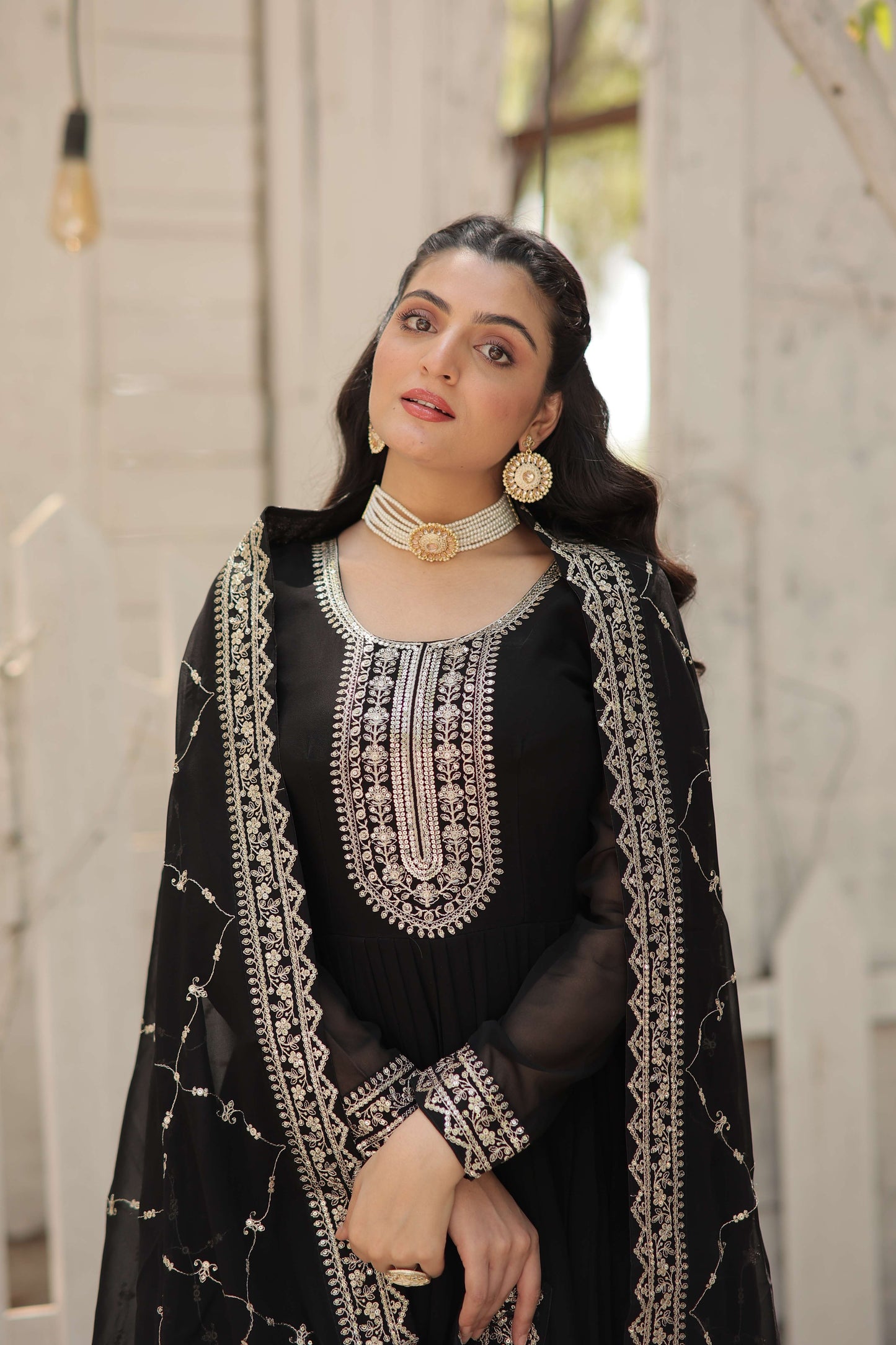 Black Faux Blooming Sequins Embroidered Gown with Matching Dupatta  Festive & Party Wear 2024