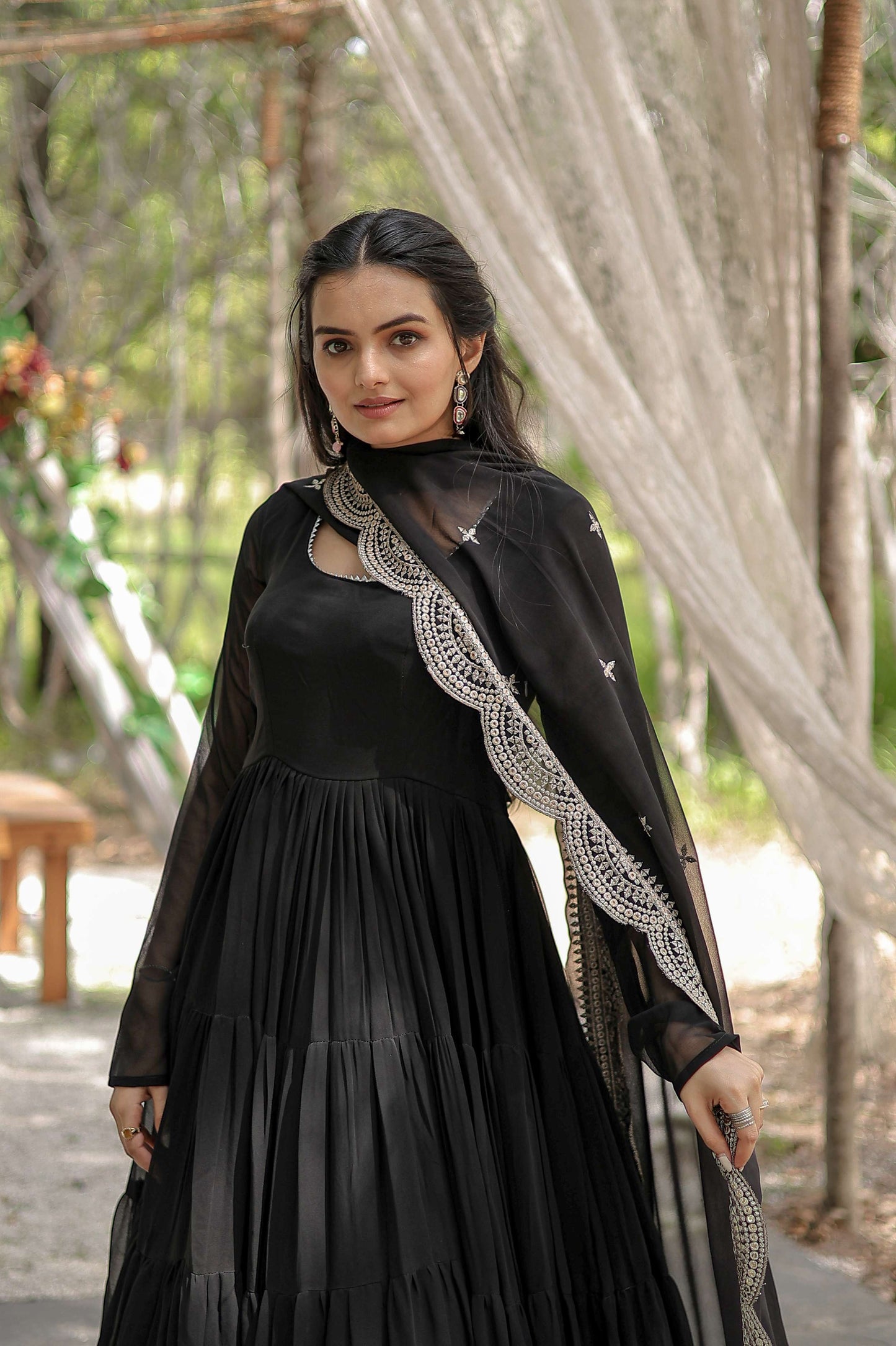 Black Premium Faux Georgette Designer Gown with Sequined Dupatta  Fully Flaired Ready-to-Wear Set