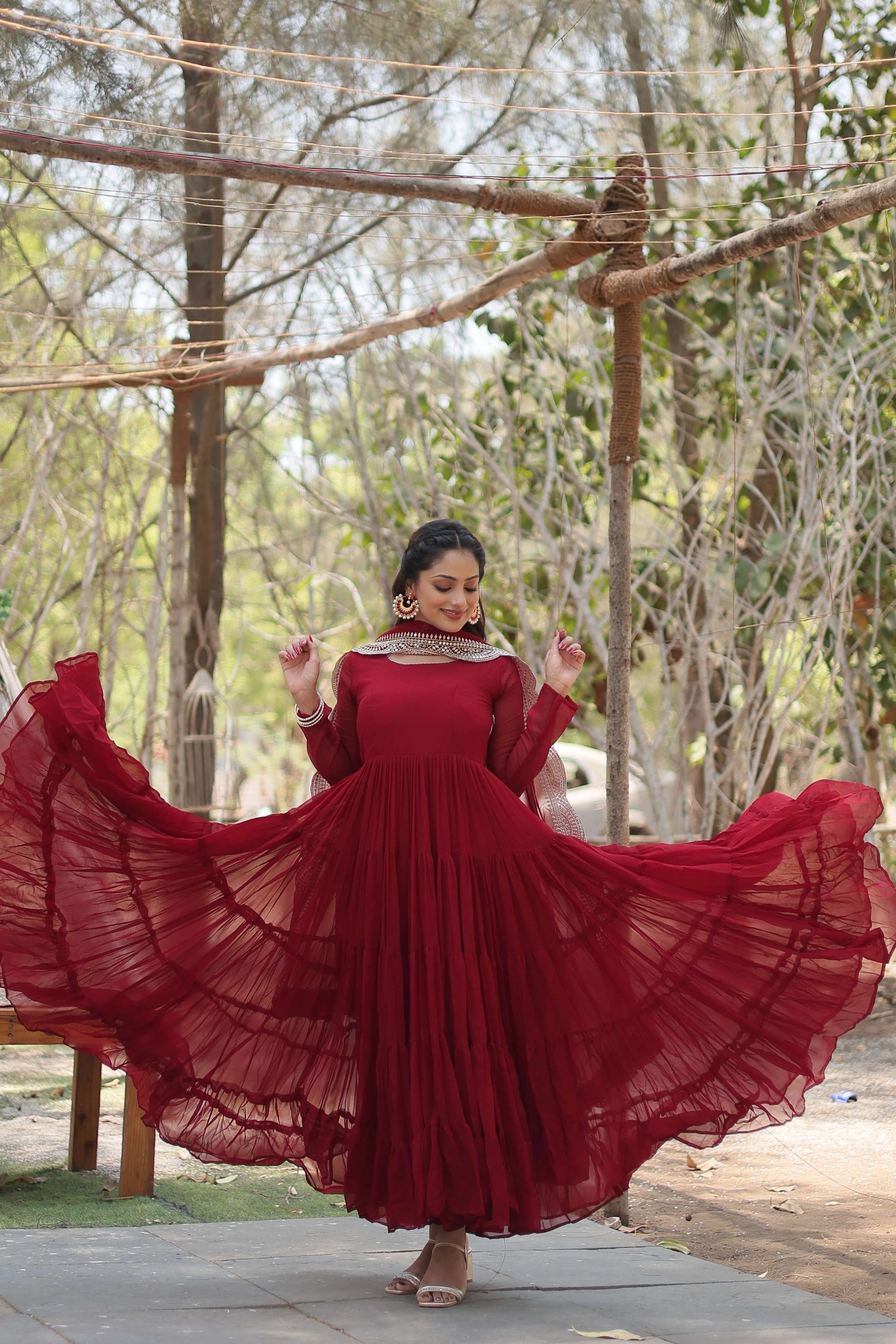 Maroon Premium Faux Georgette Designer Gown with Sequined Dupatta  Fully Flaired Ready-to-Wear Set