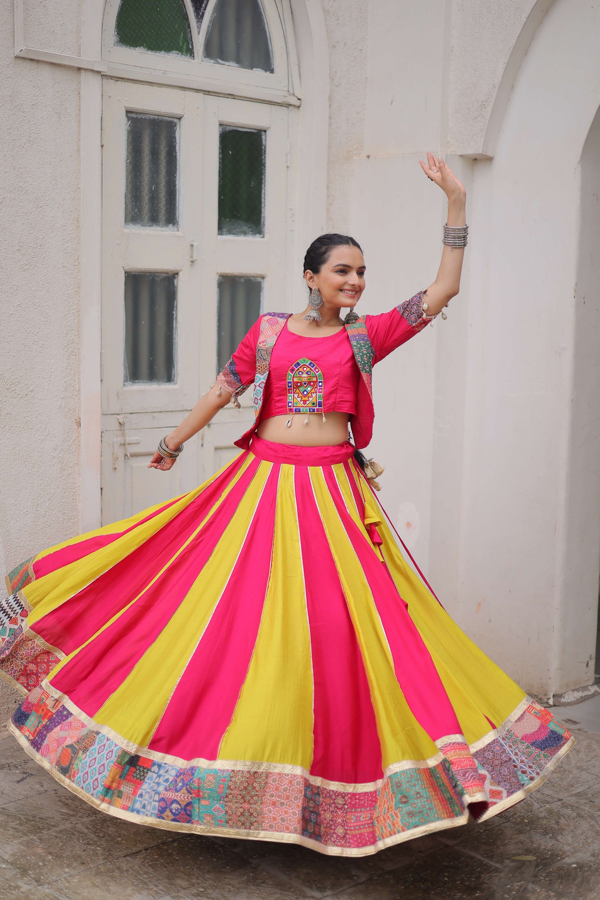 Roman Fabric Maslin Crochet Navratri Lehenga Choli Set