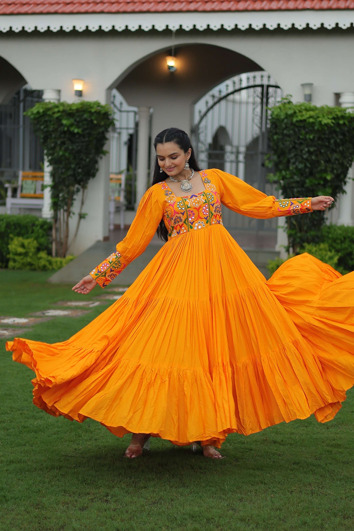 Yellow Navratri Special 14 Kg Reyon Designer Gown with Kutchi Gamthi Work – Flared Ethnic Wear for Women
