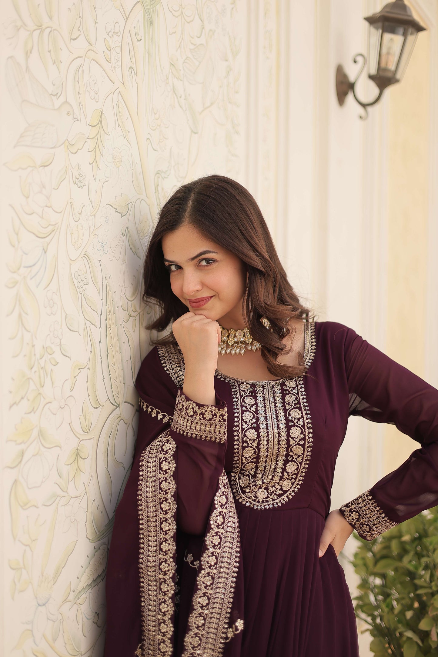 Wine Faux Blooming Sequins Embroidered Gown with Matching Dupatta  Festive & Party Wear 2024
