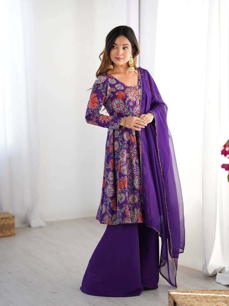 Women's Pure Romansilk Chanderi Printed Anarkali Kurti With Palazzo & Dupatta Set