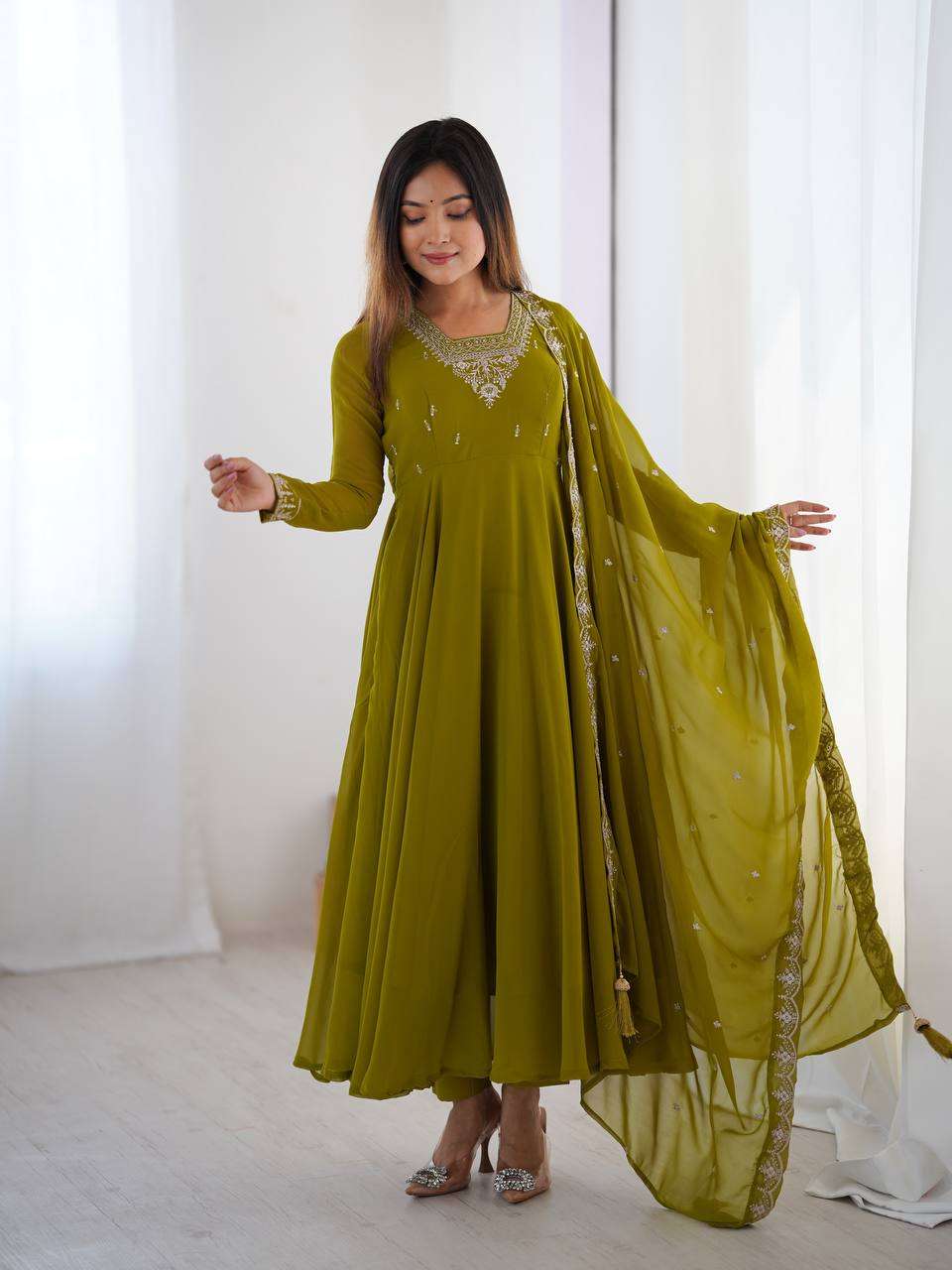 Womens Crunchy Silk Anarkali Kurti with Pant & Dupatta Set