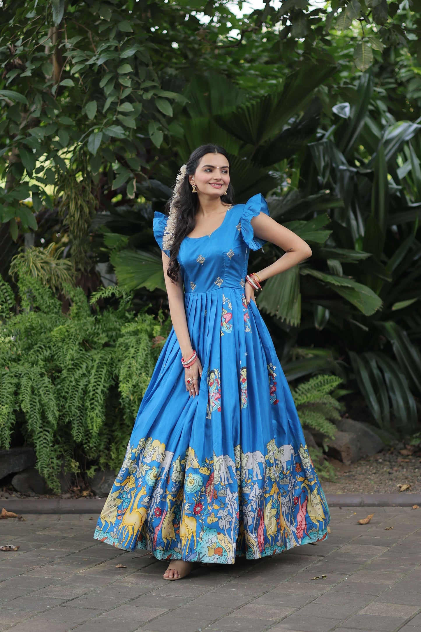 SKY Dola Silk Designer Gown  Sleeveless Fancy Round Neck Printed Womens Dress