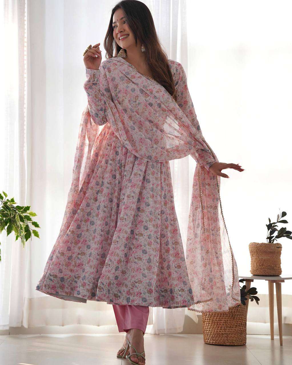Womens Crunchy Silk Anarkali Kurti with Pant & Dupatta Set