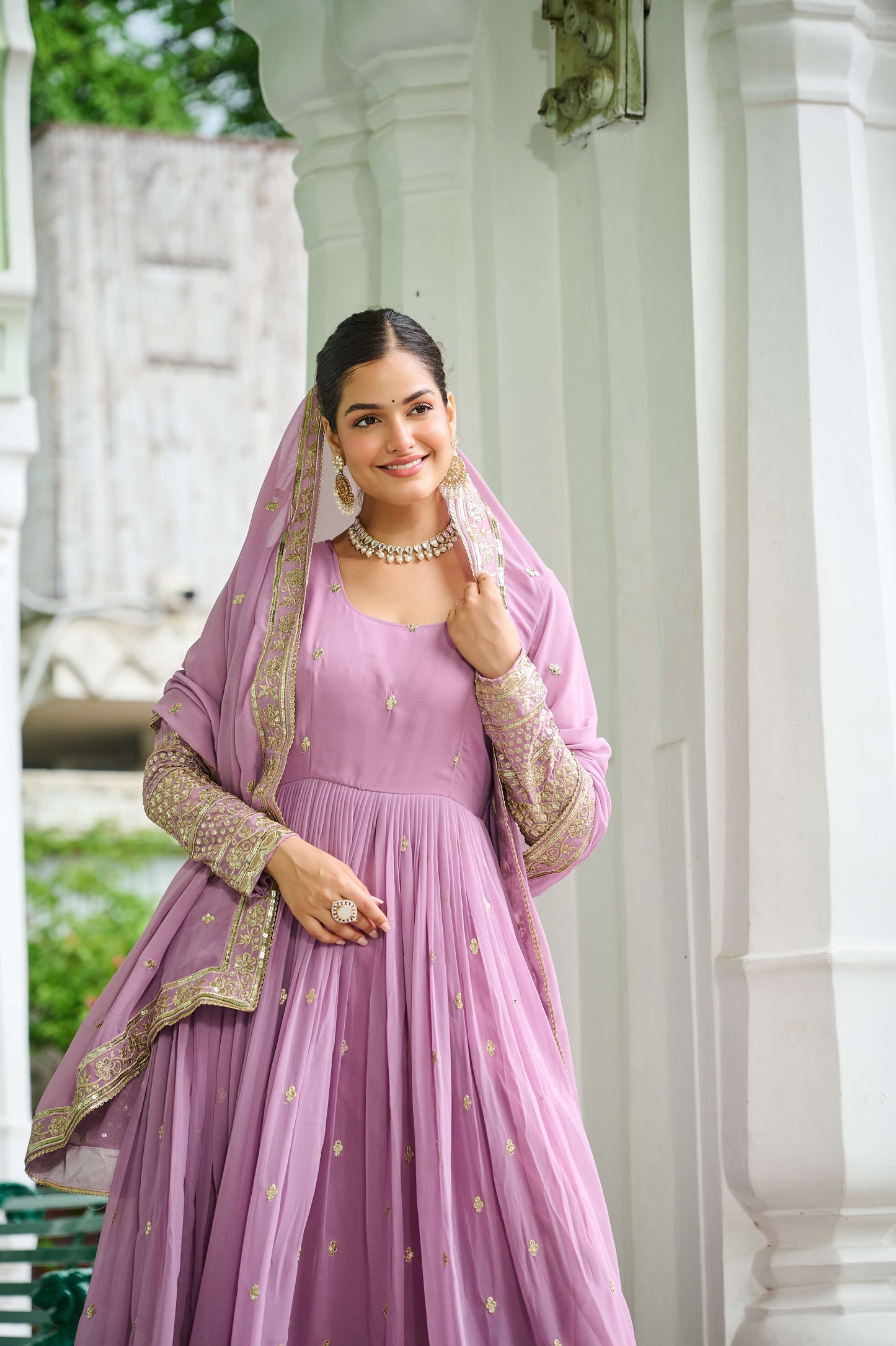 Pink Designer Faux Georgette Gown with Dupatta – Embroidered & Sequins Work Ethnic Set for Women