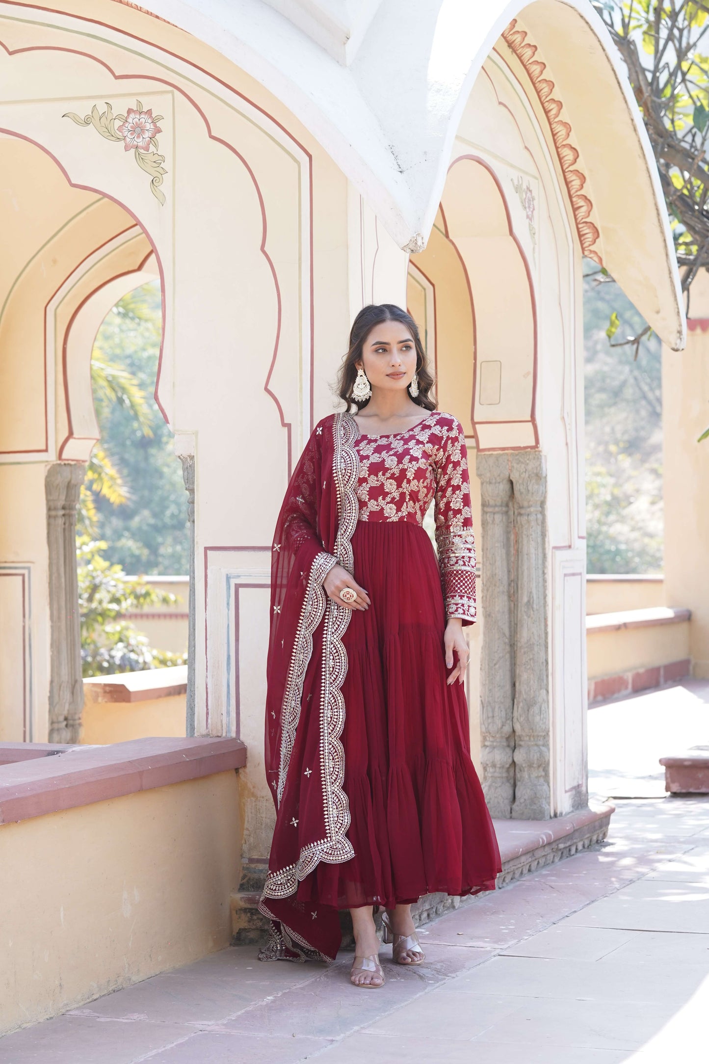 Maroon Faux Blooming Designer Gown with Sequined Dupatta  Fully Flared Elegant Ready-to-Wear Set