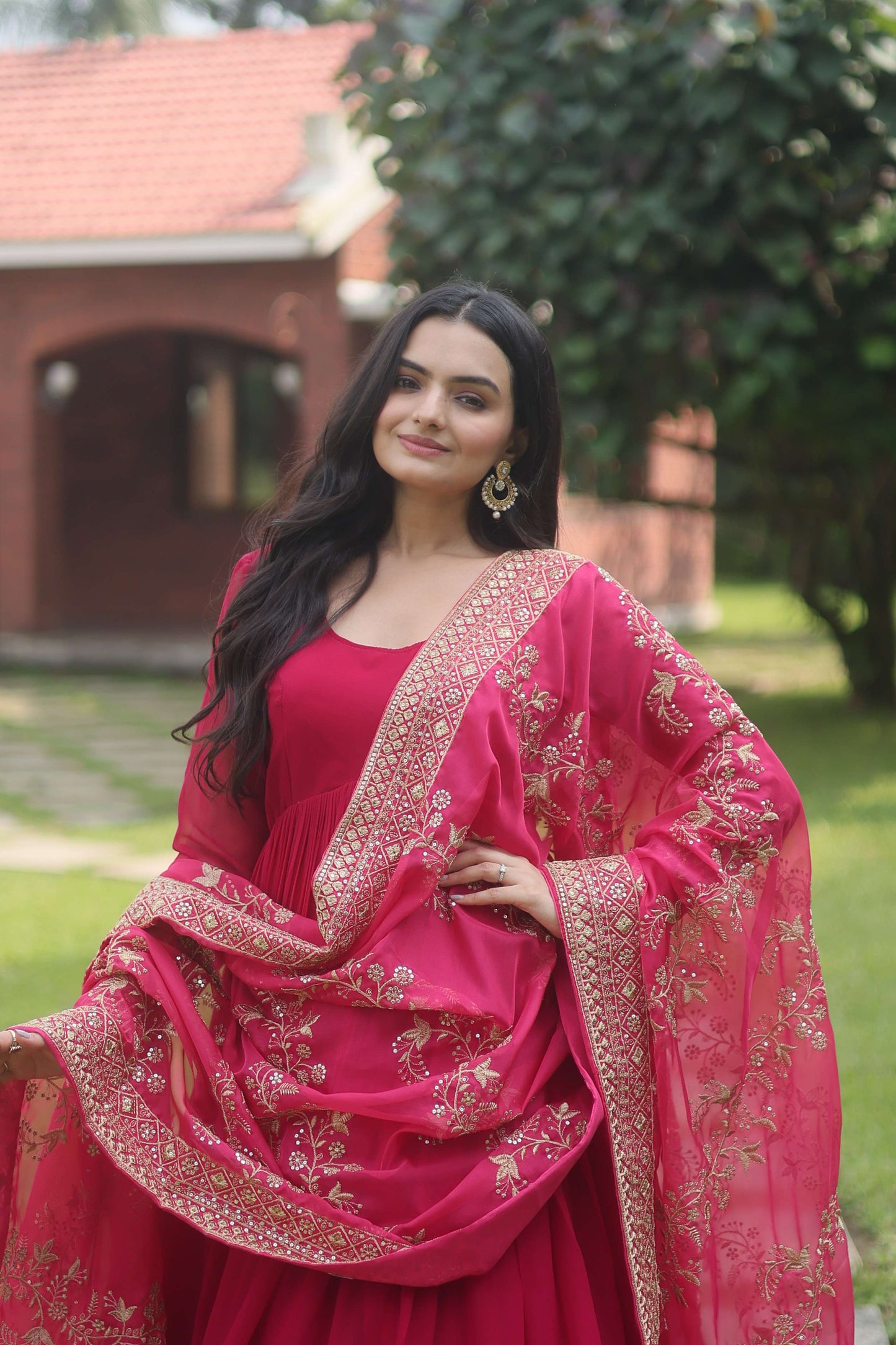 Pink Faux Blooming Designer Gown with Sequined Dupatta  Elegant Fully Flared Party & Wedding Set