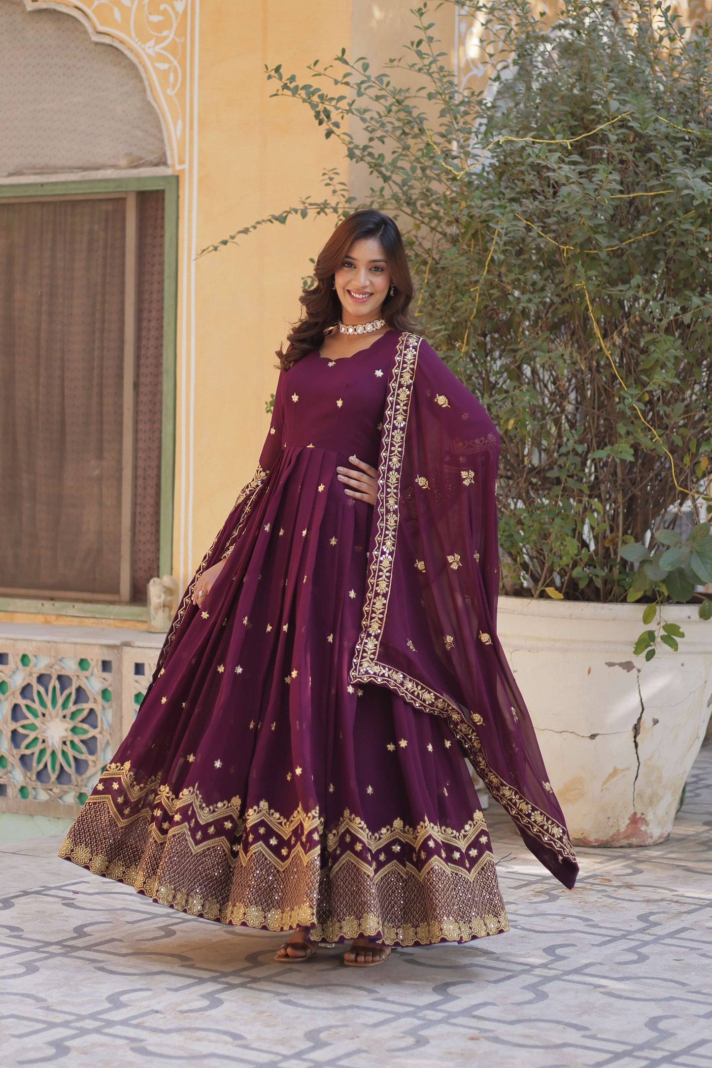 Wine Faux Blooming Georgette Designer Gown with Zari & Sequins Embroidered Dupatta