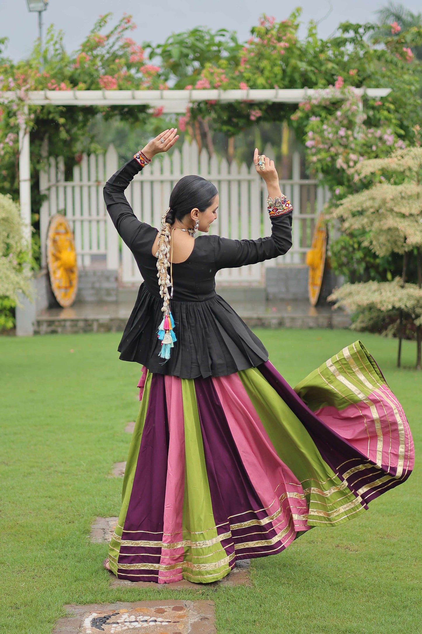 Multicolor Navratri Lehenga Choli Set with Black Peplum Top