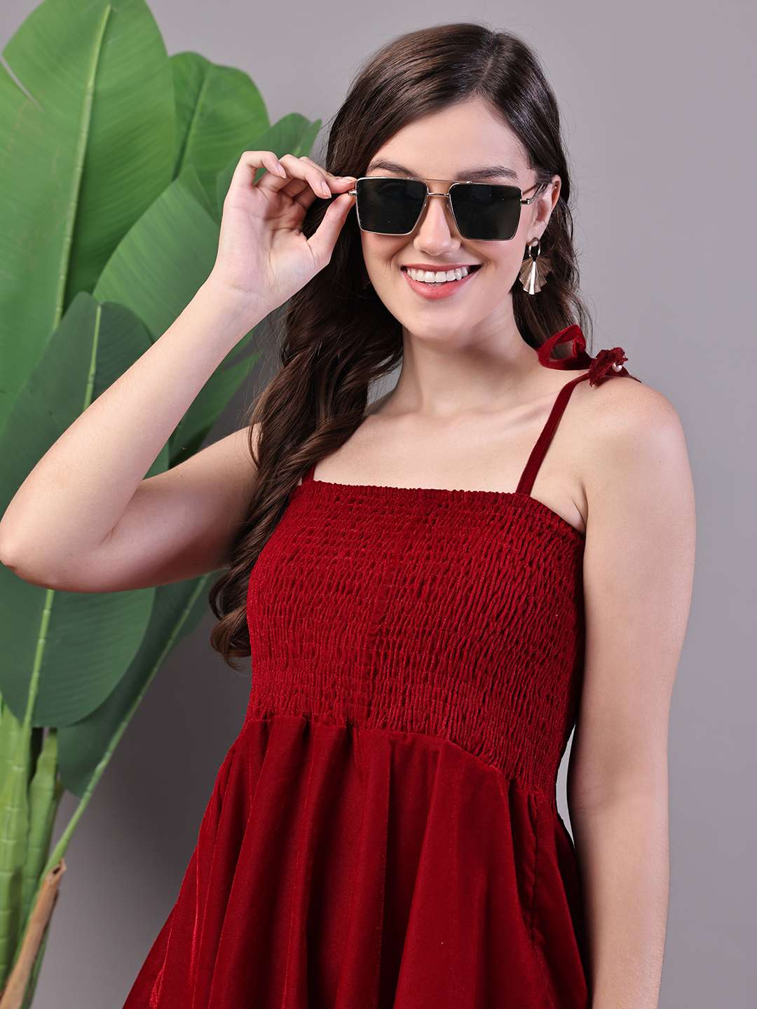 Women's Junglee Velvet Maroon Handkerchief Hem Dress