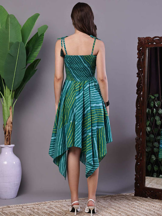 Women's Leheriya Asymmetrical Hem Smocked A-Line Dress Midi Dresses