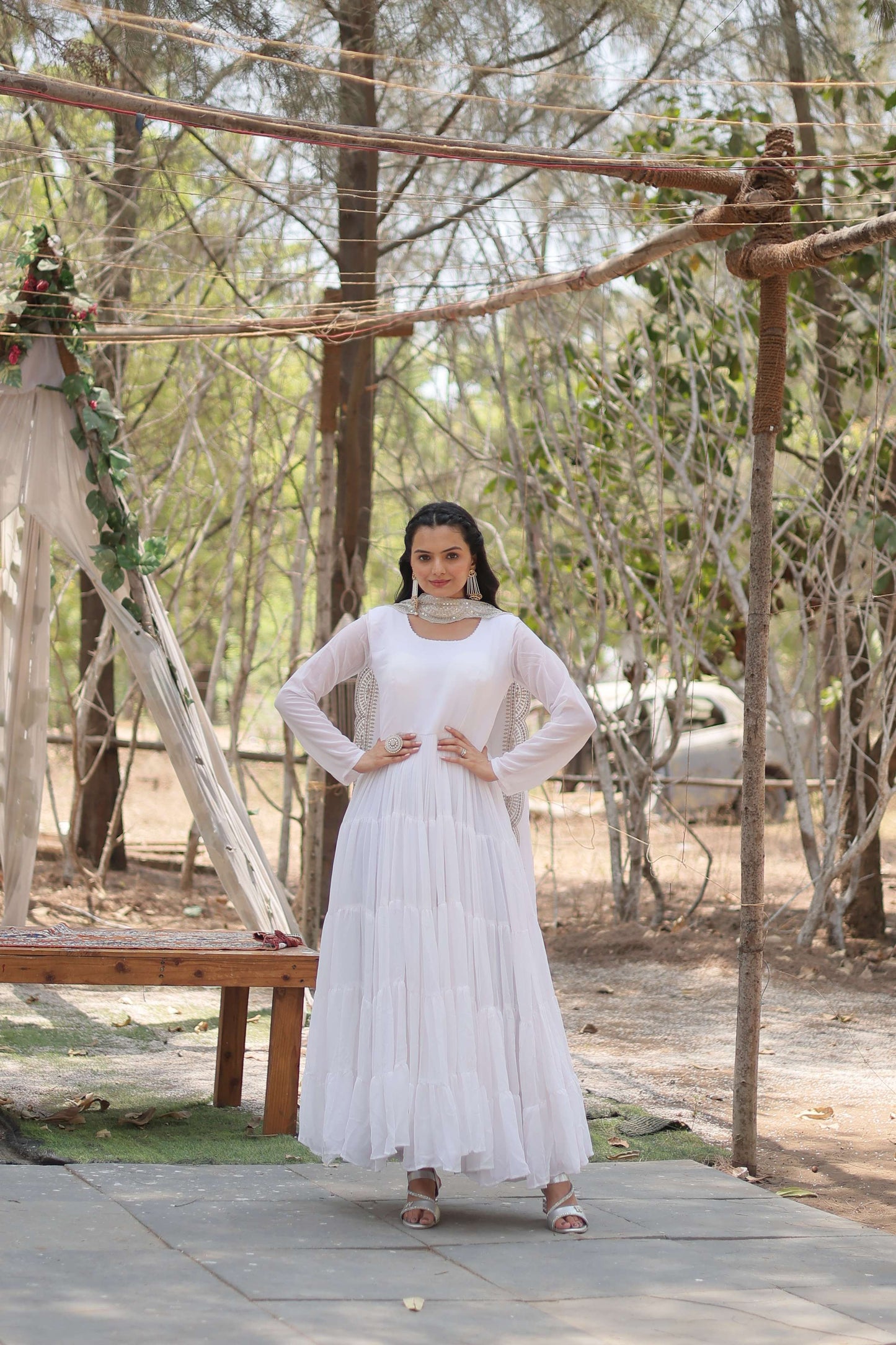 White Premium Faux Georgette Designer Gown with Sequined Dupatta  Fully Flaired Ready-to-Wear Set